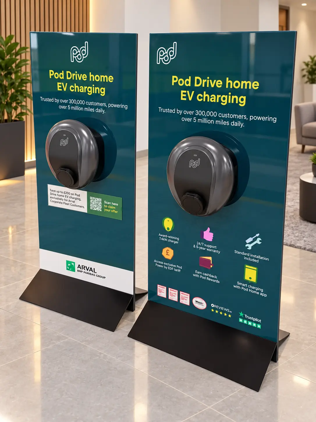 Two finished Pod Point freestanding retail display stands
