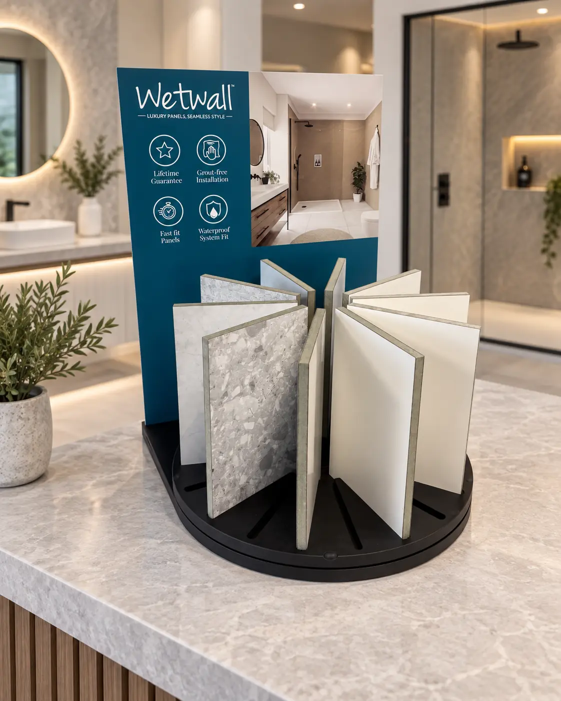 Wetwall countertop sample display